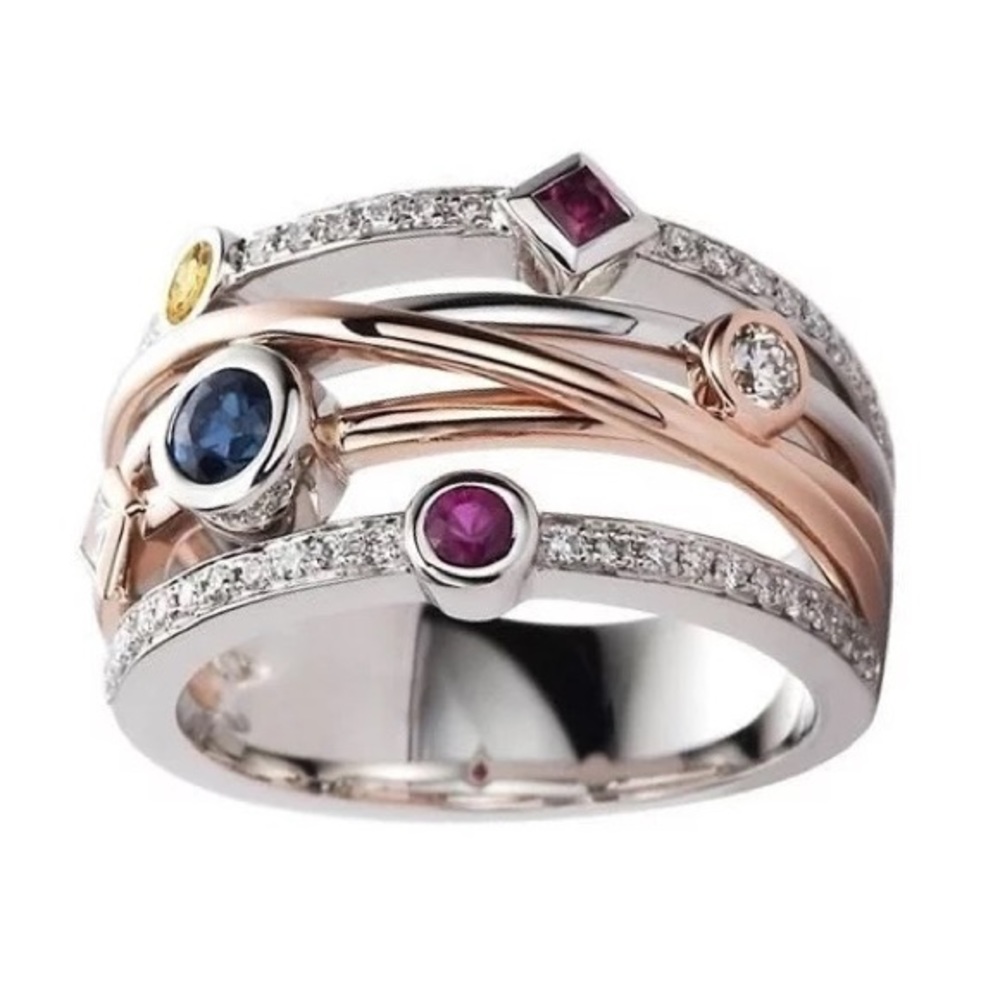 New Two Tone 925 Silver Colorful Diamond Ring